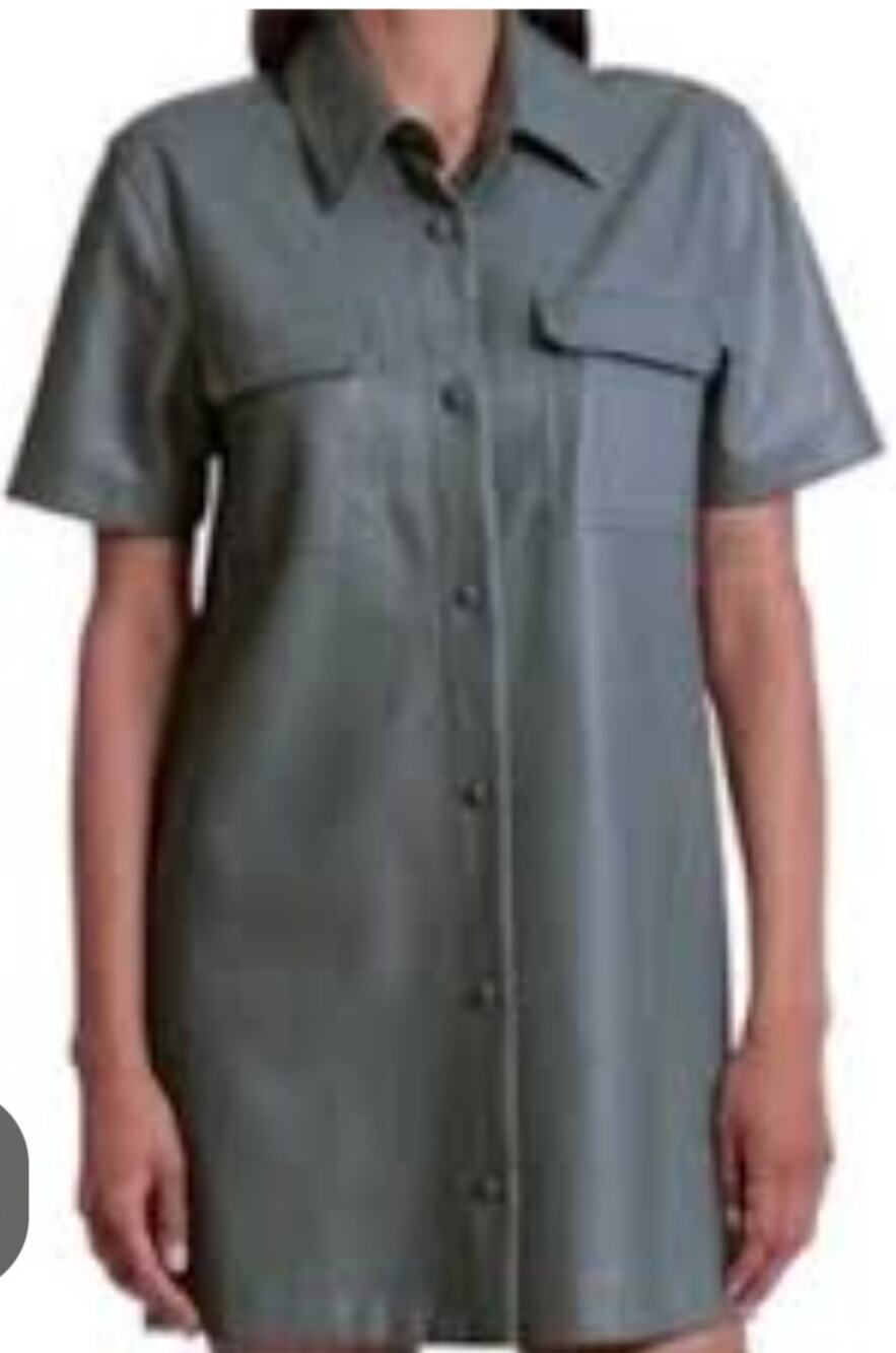 5820)7 for All Mankind L Dusty Teal Faux Leather Short Sleeve Shirt Mini Dress